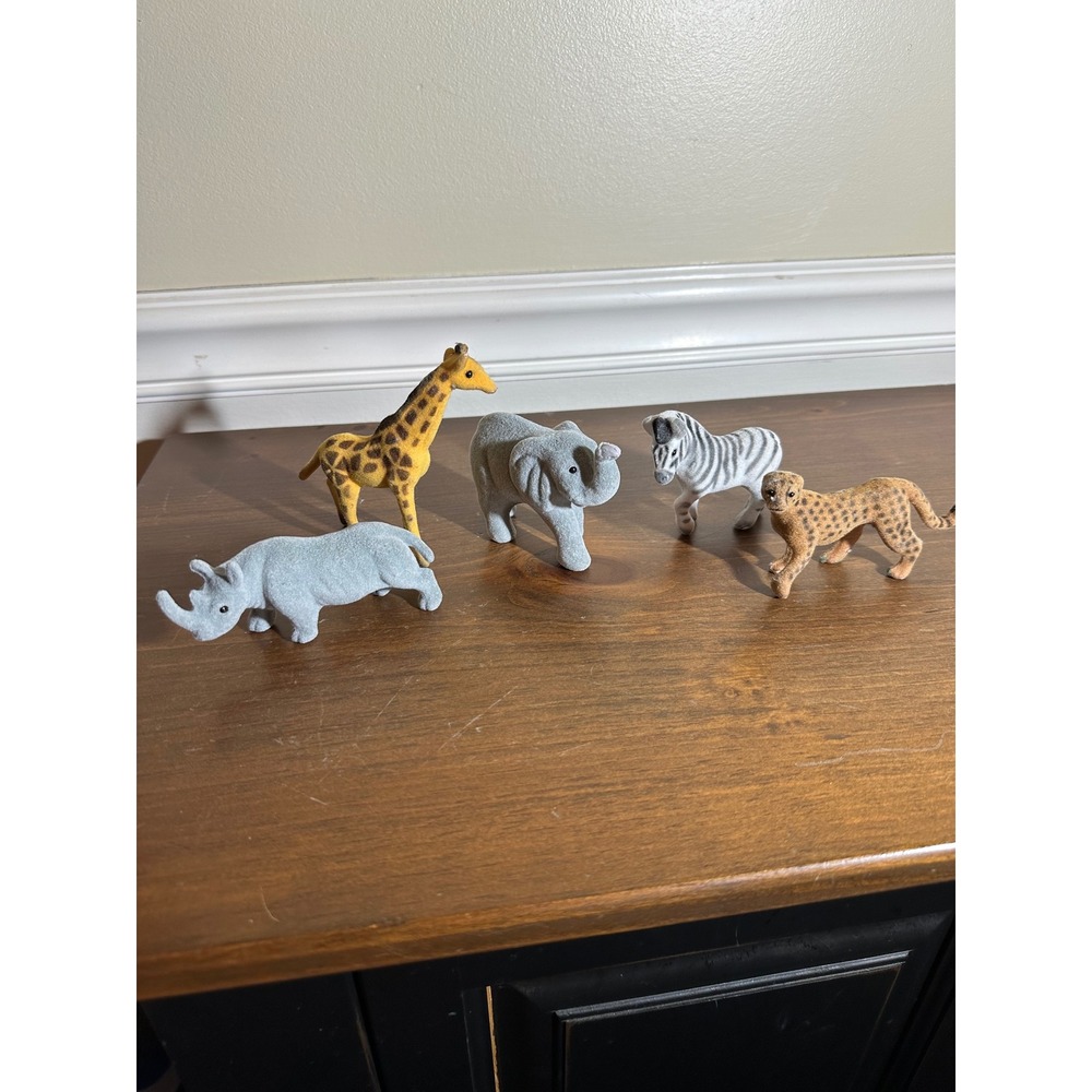 Vintage Flocked Safari Animals Melissa and doug lot of 5 Fuzzy Giraffe Elephant